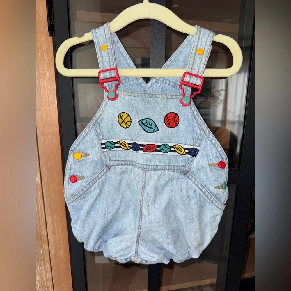 Vintage 90s Gymboree overalls denim embroidered football baseball colorful baby